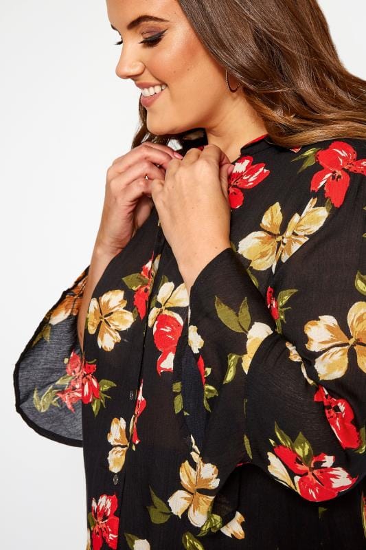 Black Floral Print Crinkle Shirt 