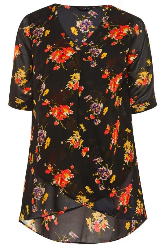 Black Floral Print Double Layered Blouse | Sizes 16-36 | Yours Clothing