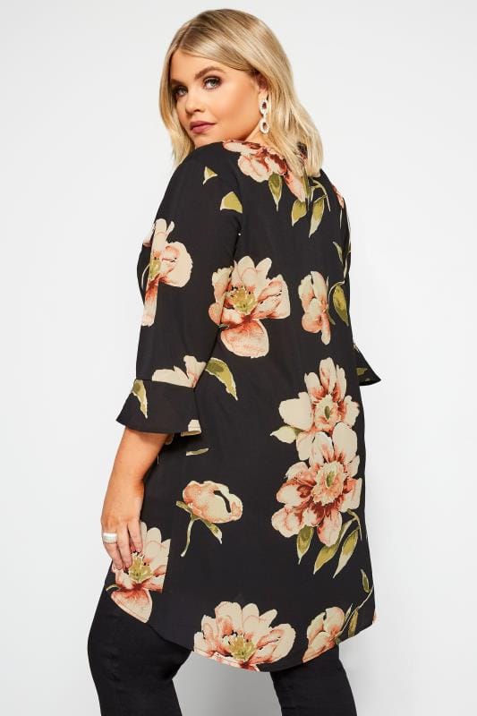 Black Floral Print Longline Blouse | Yours Clothing 3