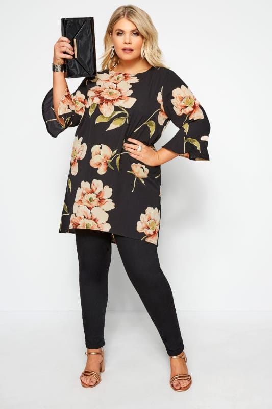 Black Floral Print Longline Blouse | Yours Clothing 2
