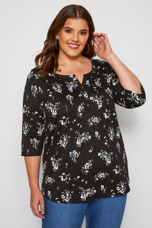 Black Floral Print Pleated Henley Top | Sizes 16-36 | Yours Clothing