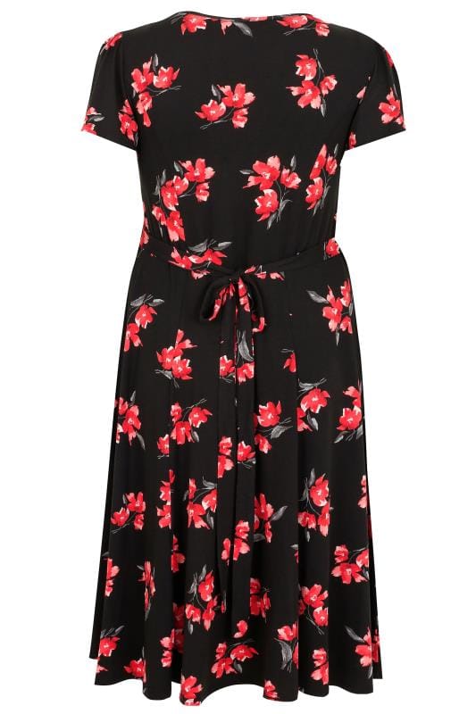 Black Floral Print Skater Dress With Self Tie Waist Plus Size 16 To 36 