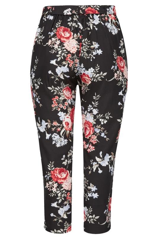 Black Rose Floral Tapered Trousers | Yours Clothing