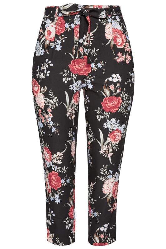 Black Rose Floral Tapered Trousers | Yours Clothing