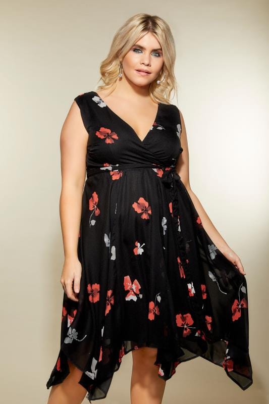 Black Floral Print Wrap Dress With Hanky Hem Plus Size 16 To 36 Yours Clothing 