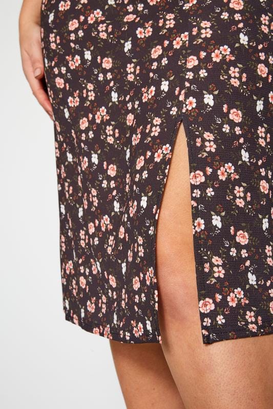 Black Floral Side Split Midi Skirt | Yours Clothing