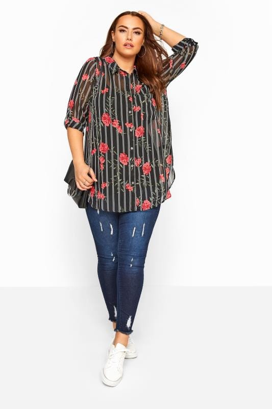 Black Floral Striped Boyfriend Shirt | Yours Clothing 4