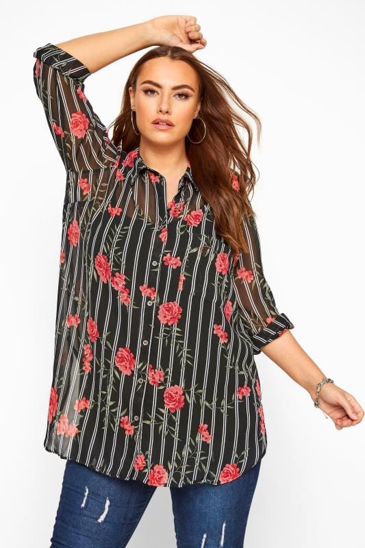 Black Floral Striped Boyfriend Shirt | Yours Clothing 1