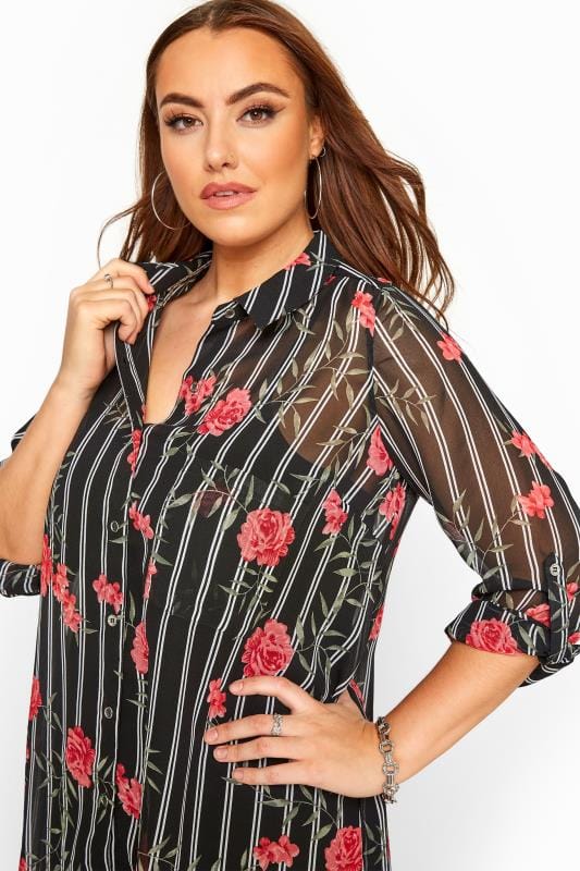 Black Floral Striped Boyfriend Shirt | Yours Clothing 6