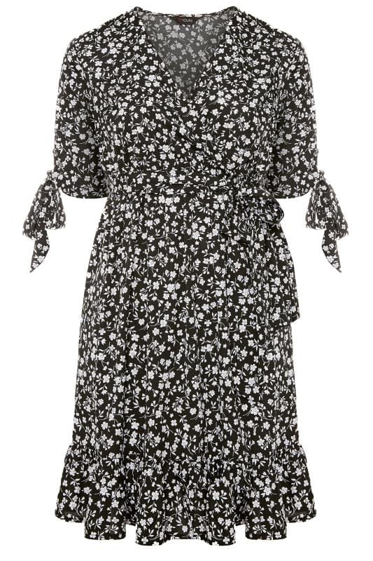 Black Floral Wrap Ruffle Hem Dress | Yours Clothing