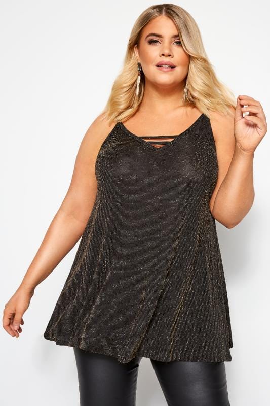 Black & Gold Textured Metallic Cami Top | Yours Clothing