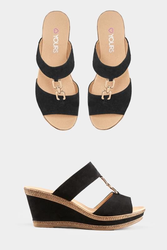 Black Gold Tone Detail Wedge Mules In 