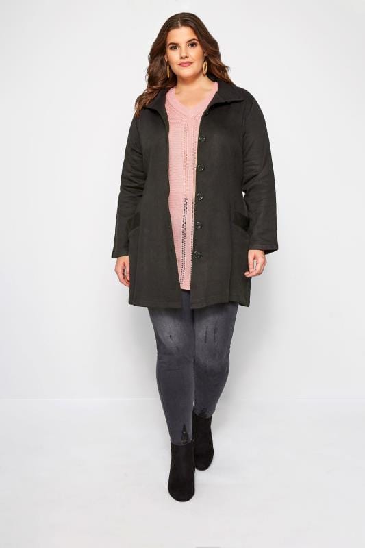 Black High Collar Jersey Coat | Sizes 16-36 | Yours Clothing