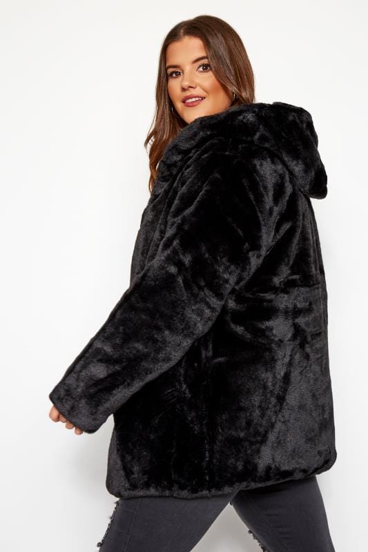Black Hooded Faux Fur Jacket | Yours Clothing