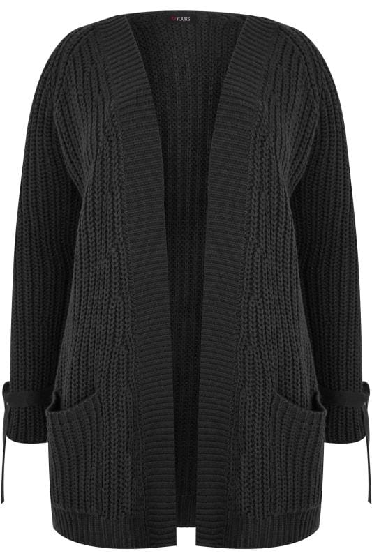 Black Knitted Pocket Cardigan With Tie Sleeves, plus size 16 to 36