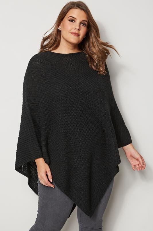 Black Knitted Poncho, plus size 16 to 32 | Yours Clothing