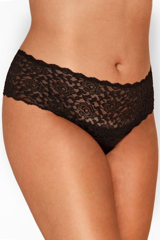 Black Lace Low Rise Brazilian Knickers | Yours Clothing 1