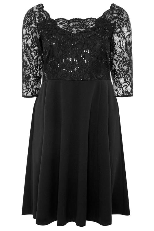 Black Lace Sequin Embellished Scuba Dress | Yours Clothing