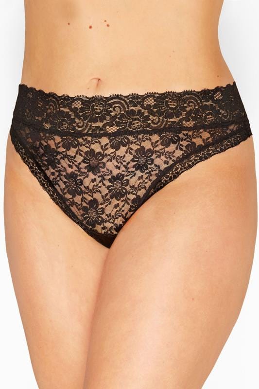 Plus Size Briefs & Knickers YOURS Curve Black Lace High Leg Thong