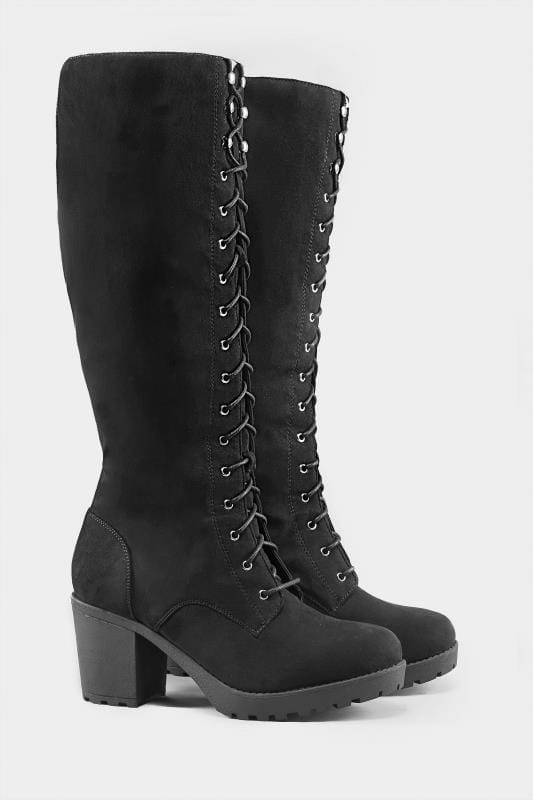 black lace up knee high heels