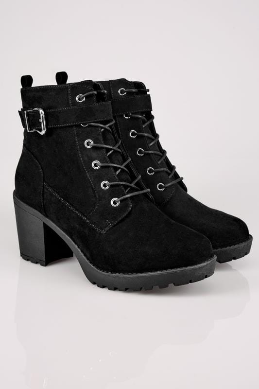 Black Lace Up Heeled Ankle Boot In EEE Fit | Yours Clothing