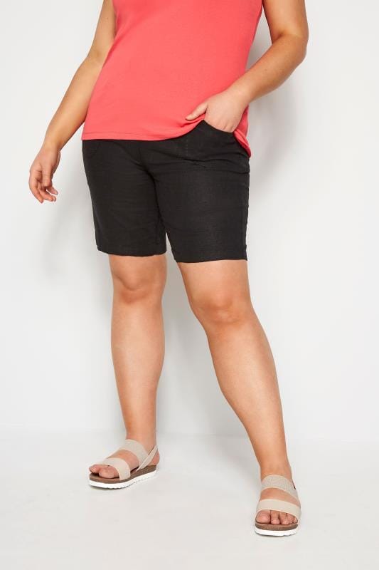 plus size black linen shorts