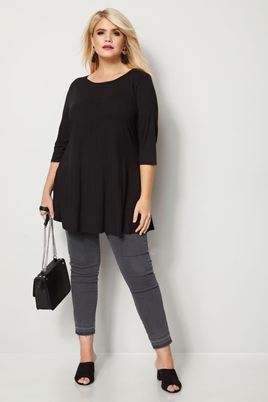 Black Longline Top With Envelope Neckline, plus size 16 to 36