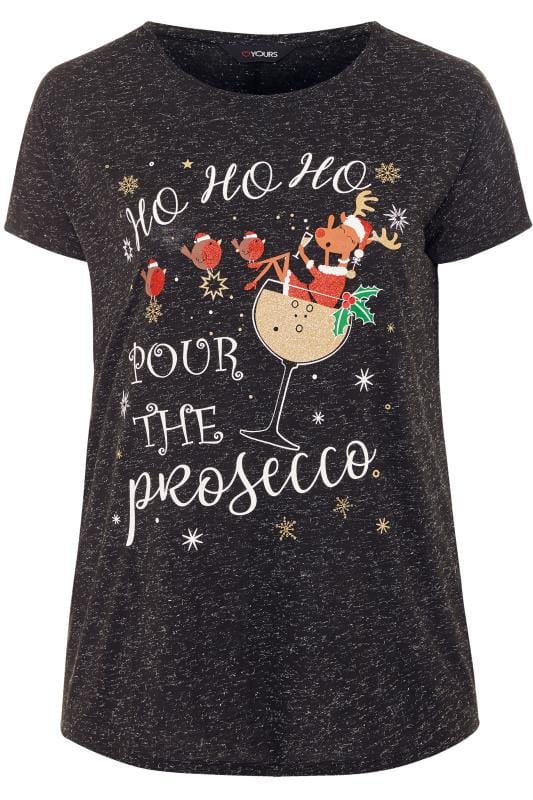 Black Metallic Christmas Prosecco Slogan T-Shirt | Yours Clothing