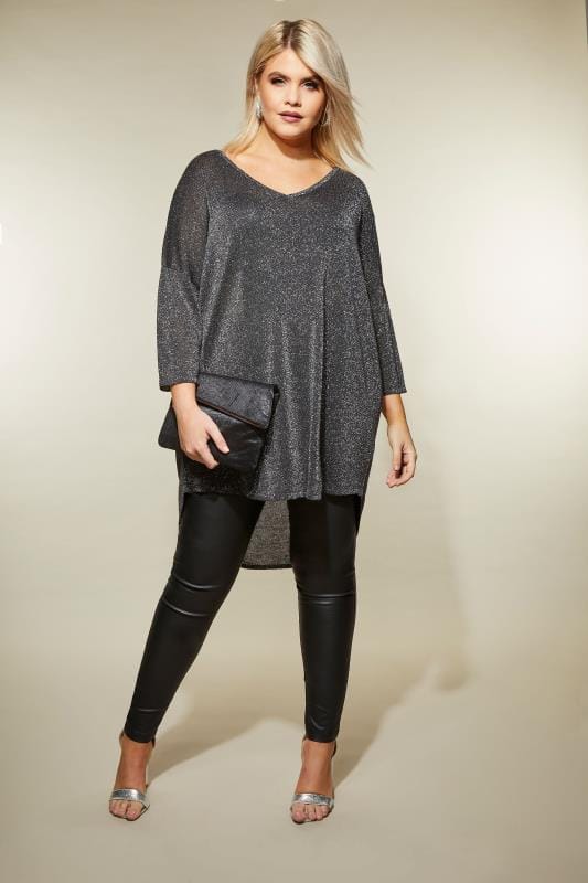 Black Metallic Knitted Jumper With Cross Over Straps, Plus Size 16 to ...