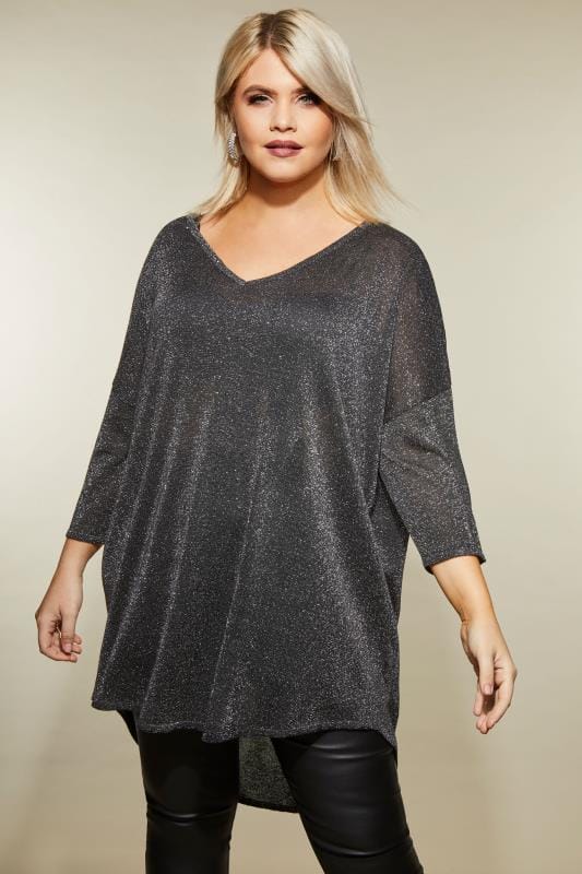Black Metallic Knitted Jumper With Cross Over Straps, Plus Size 16 to ...