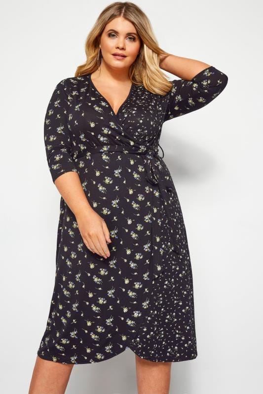 Black Mixed Floral Wrap Dress | Yours Clothing