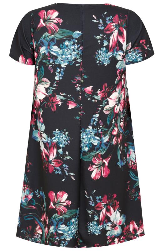 Black, Pink & Teal Floral Print Swing Dress Plus Size 16 to 36