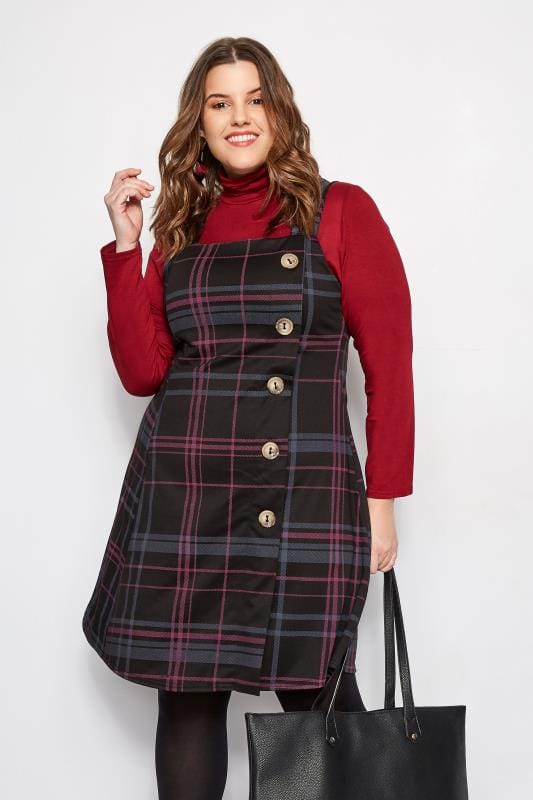 Plus Size Black & Pink Check Button Pinafore Dress | Sizes 16 to 40 ...