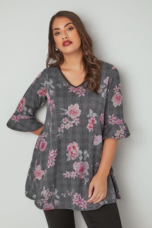 Black & Pink Floral Checked Print Longline Swing Top With Flute Sleeves ...