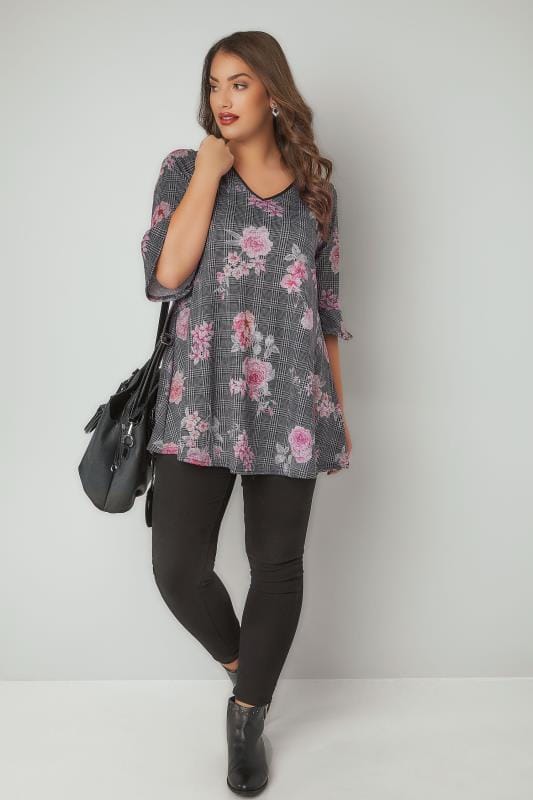 Black & Pink Floral Checked Print Longline Swing Top With Flute Sleeves ...