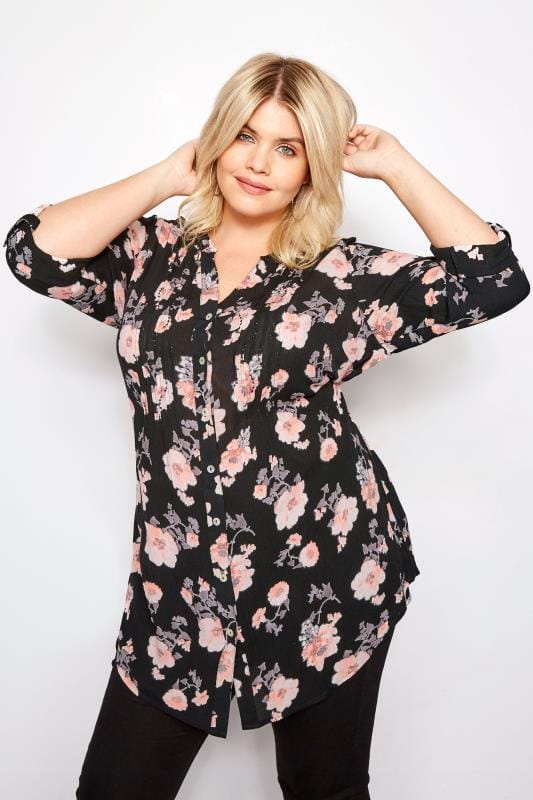 Plus Size Black & Pink Floral Pintuck Embellished Blouse | Sizes 16 to ...