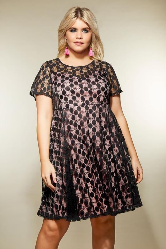 Black & Pink Lace Spot Skater Dress, plus size 16 to 36 | Yours Clothing