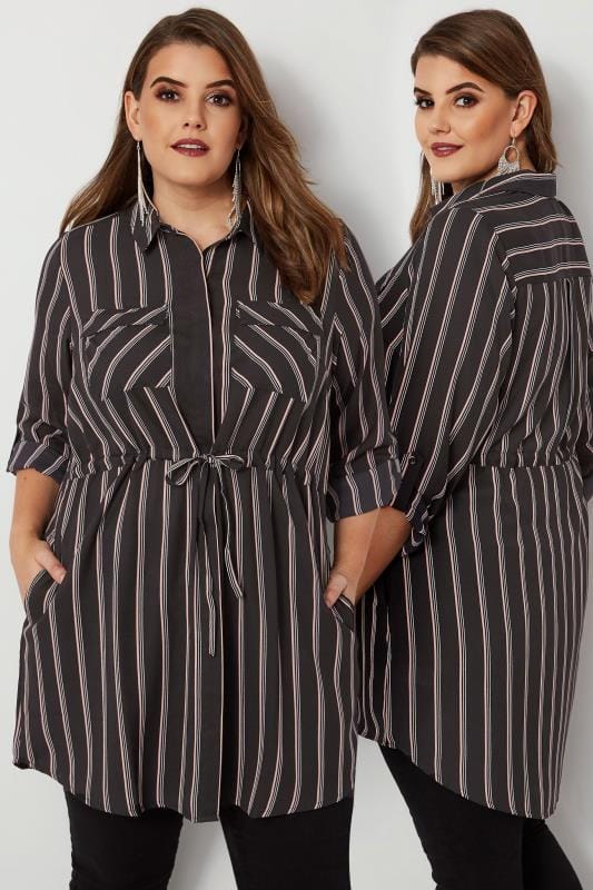 Black & Pink Striped Longline Shirt, plus size 16 to 36 | Yours Clothing