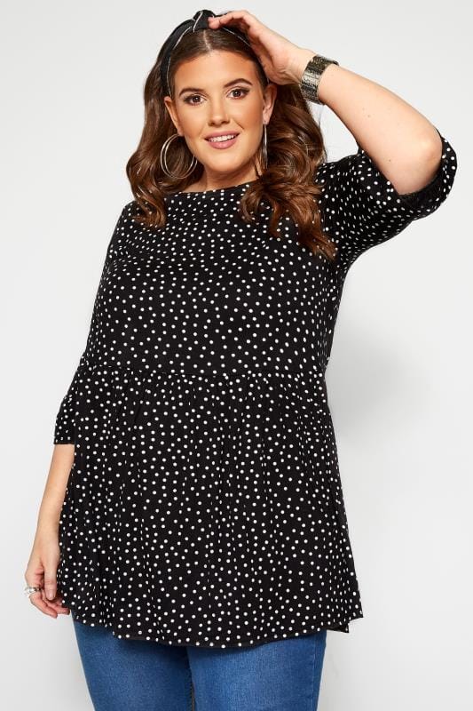 Black Polka Dot Peplum Top | Yours Clothing