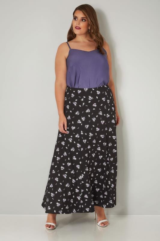 Black & Purple Floral Print Maxi Skirt, plus size 16 to 36 | Yours Clothing
