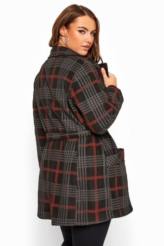Black & Red Check Revere Collar Fleece Coat | Yours Clothing