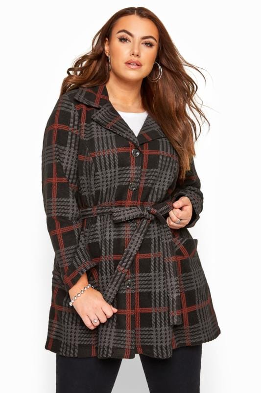 Black & Red Check Revere Collar Fleece Coat | Yours Clothing