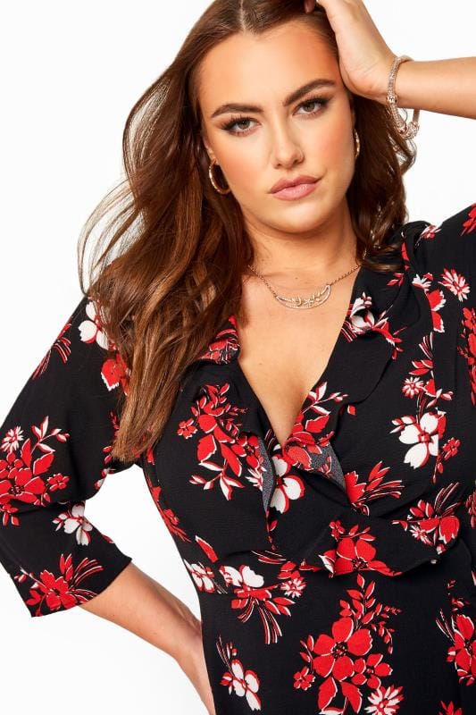Black & Red Floral Frill Wrap Dress | Yours Clothing