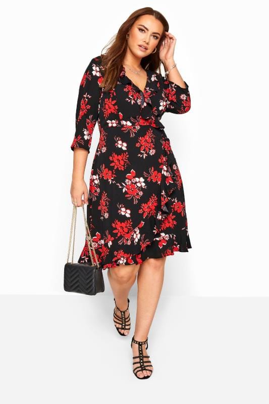 Black & Red Floral Frill Wrap Dress | Yours Clothing
