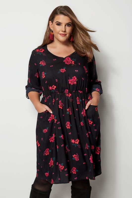 Robe Noire Imprimé Fleurs Rouges Grande Taille 44 à 64