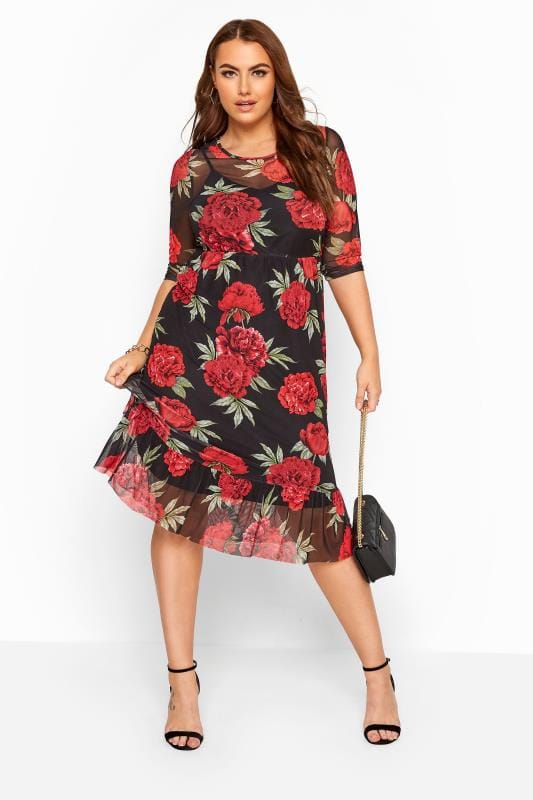 Ruffle Hem Red Floral Mesh Dress | Yours Clothing
