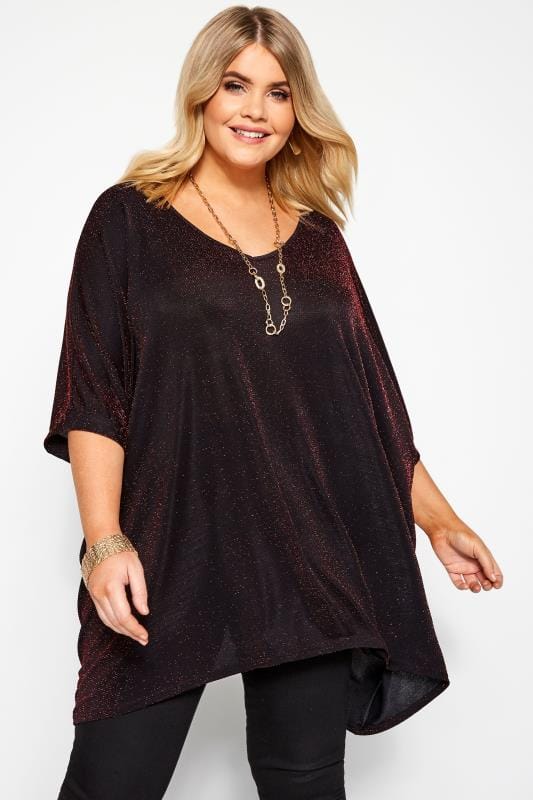 Black & Red Textured Metallic Cape Top | Yours Clothing