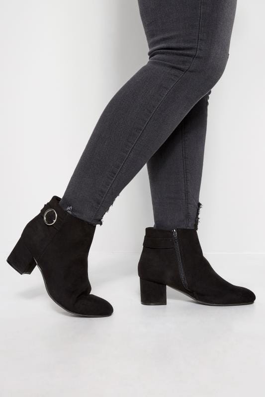 Black Round Buckle Heeled Ankle Boots 