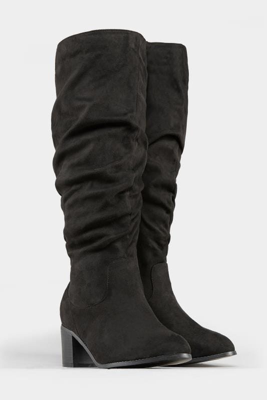 Black Ruched Knee High Boots In Extra Wide Fit Yours Clothing