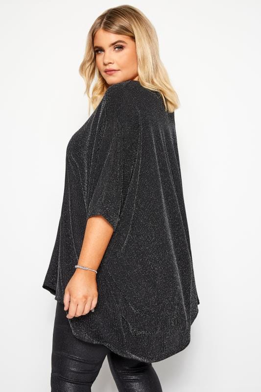 Black & Silver Textured Metallic Cape Top | Yours Clothing